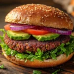 Crispy homemade veggie burger on whole-grain bun with toppings