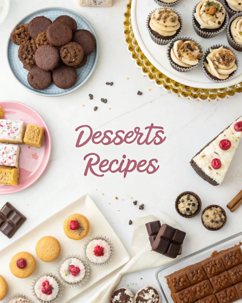 Assorted desserts arranged around text label