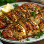 Grilled lobster tails with lemon and parsley on serving plate
