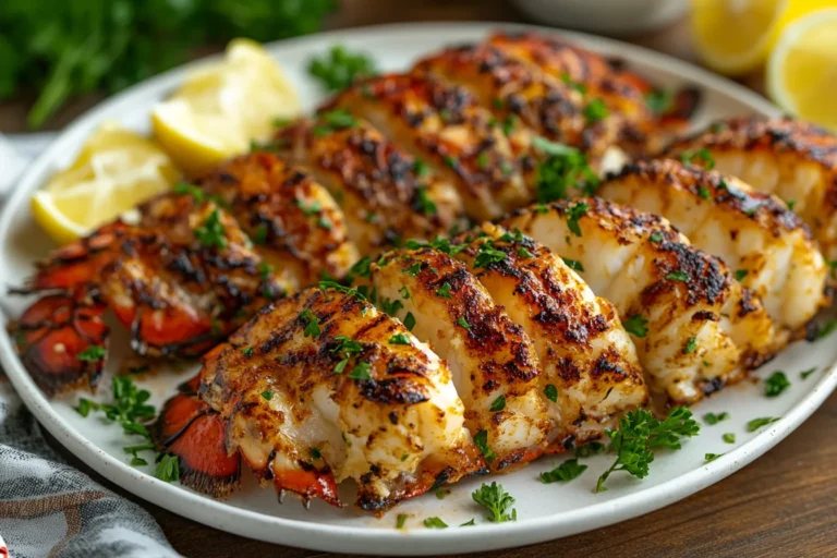 Grilled lobster tail recipe 1 Grilled lobster tails with lemon and parsley on serving plate