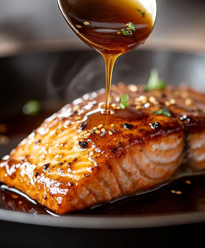 Teriyaki Salmon Bowl 3 Close-up of teriyaki sauce being drizzled over pan-seared salmon