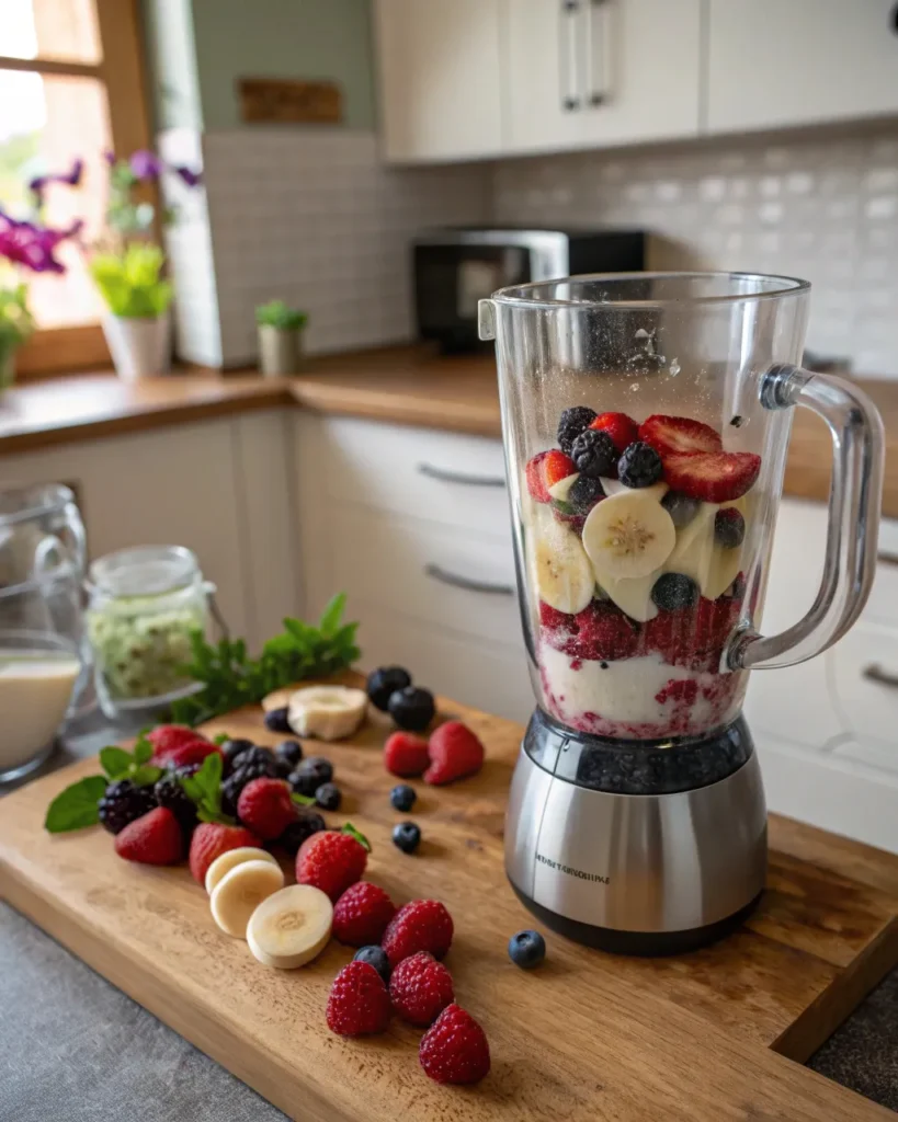 Blender with Greek yogurt smoothie ingredients