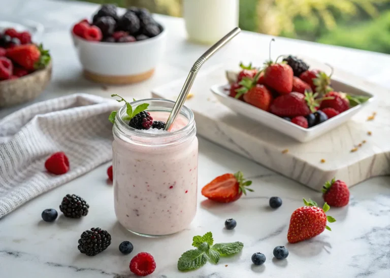 Greek yogurt smoothie with berries in glass jar
