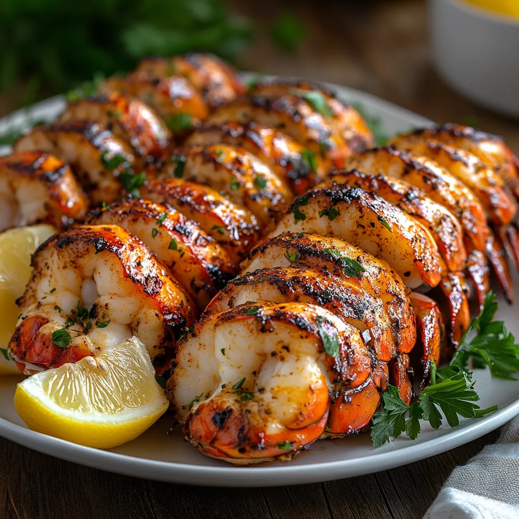 Grilled lobster tail recipe 6 Grilled lobster tail served with lemon wedges and parsley on white plate