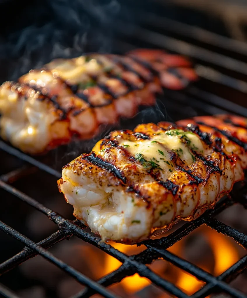 Grilled lobster tail recipe 3 Lobster tails on grill with garlic butter and char marks