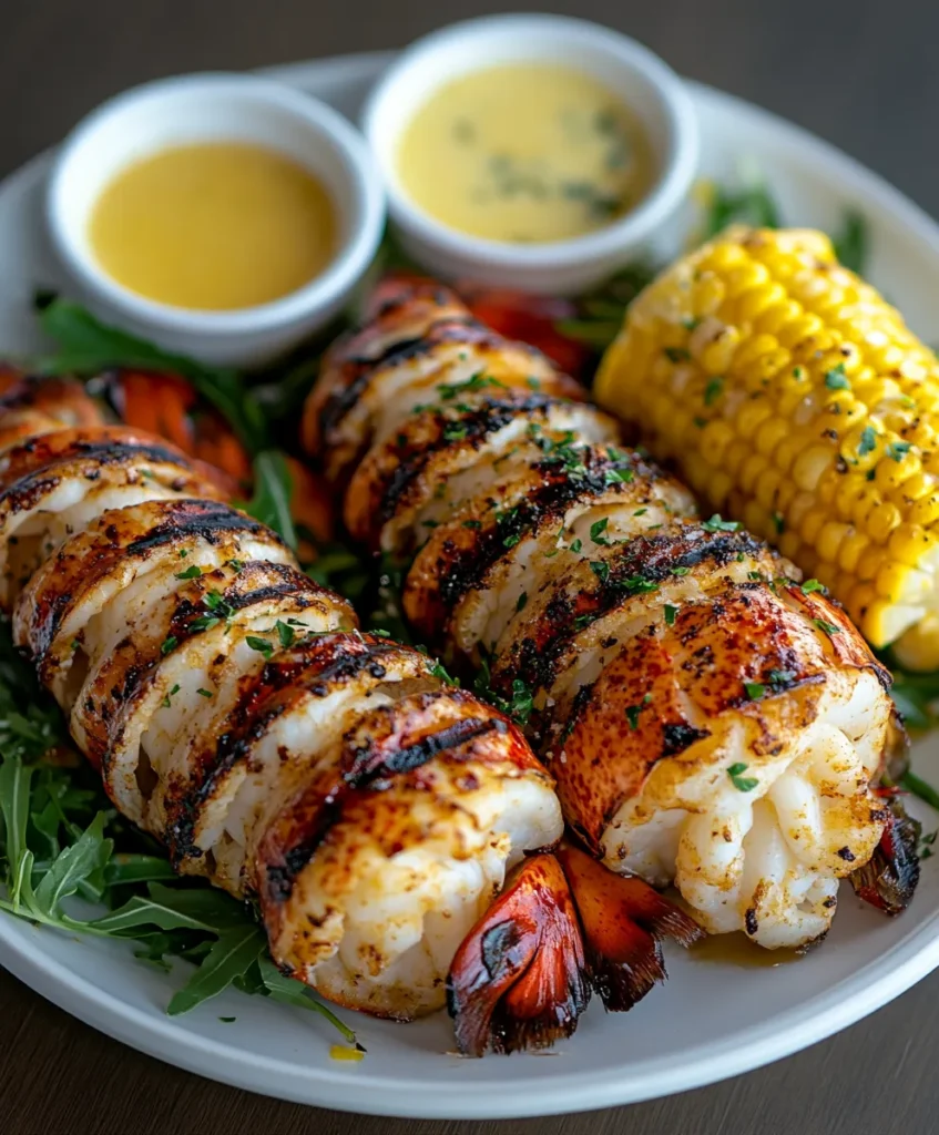 Grilled lobster tail recipe 4 Plated grilled lobster tail with sides and lemon butter