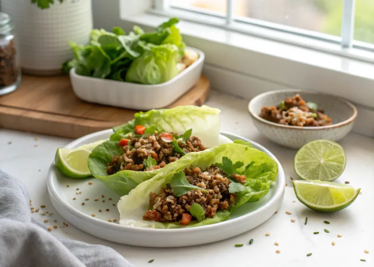 Ground Beef Lettuce Wraps with sesame seeds and lime wedges