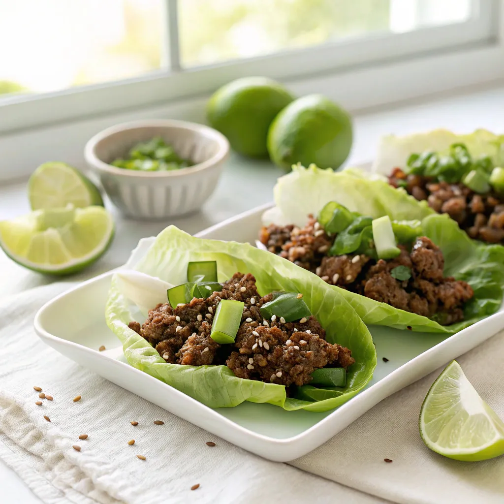 Ground Beef Lettuce Wraps with sesame seeds, green onions, and lime wedges