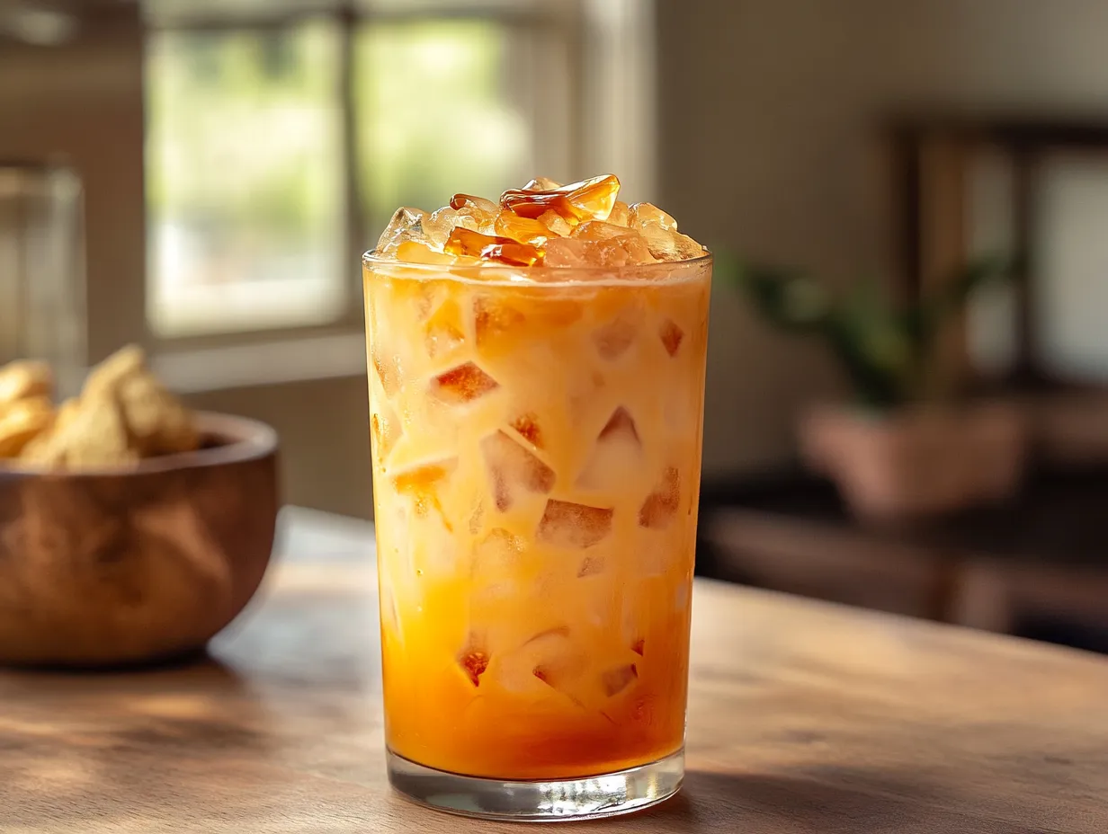 Homemade Thai iced tea in a tall clear glass with milk swirl
