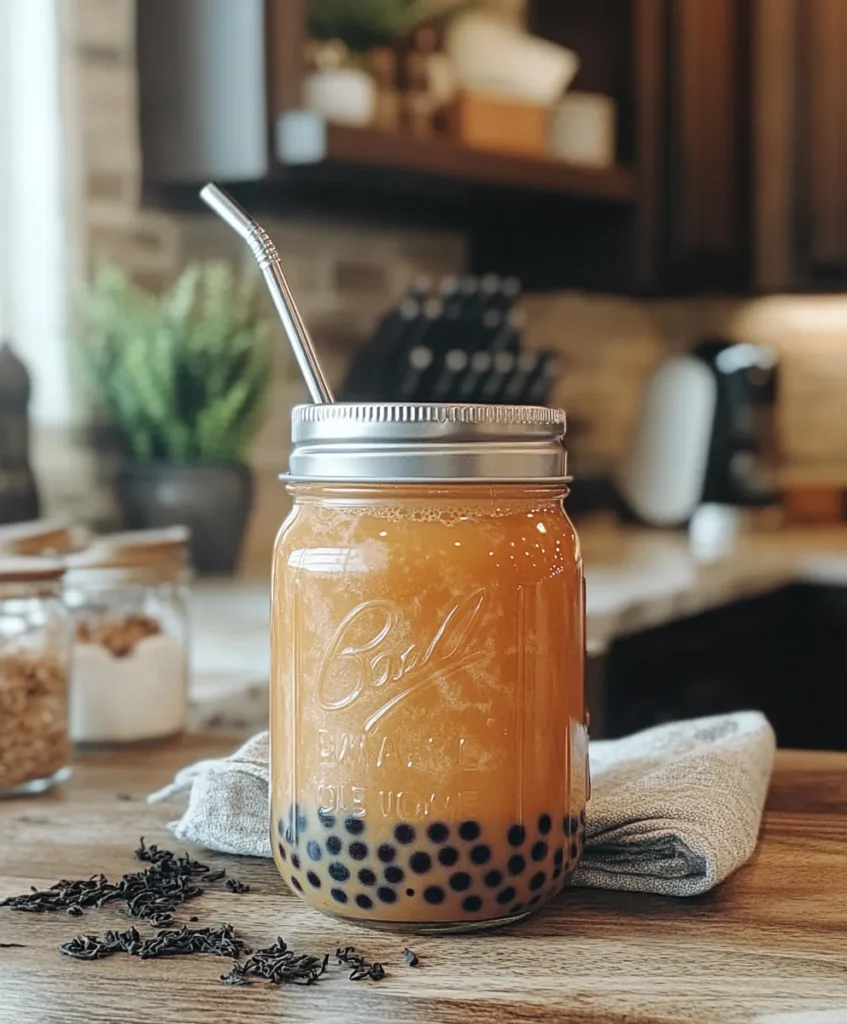 Thai Iced Tea 5 Homemade Thai iced tea with boba pearls in a mason jar