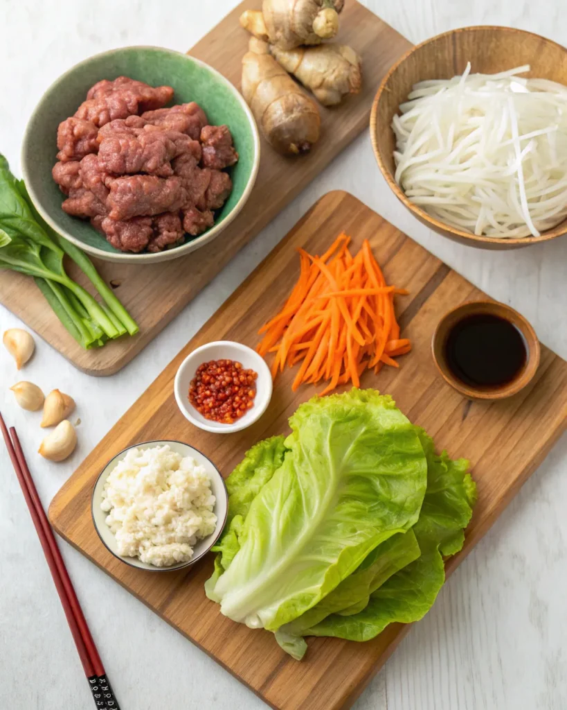 Fresh ingredients for Ground Beef Lettuce Wraps on wooden cutting board