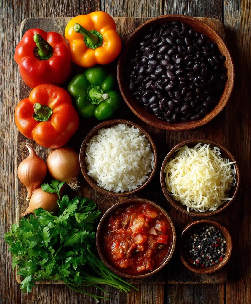 fresh ingredients for vegetarian stuffed bell peppers recipe