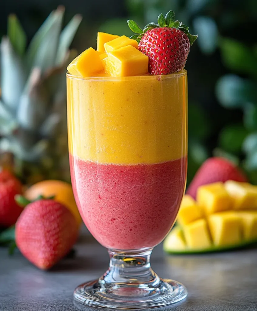 Mango smoothie recipe 3 Mango and strawberry smoothie layers