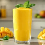 Mango smoothie recipe in a clear glass with mint garnish