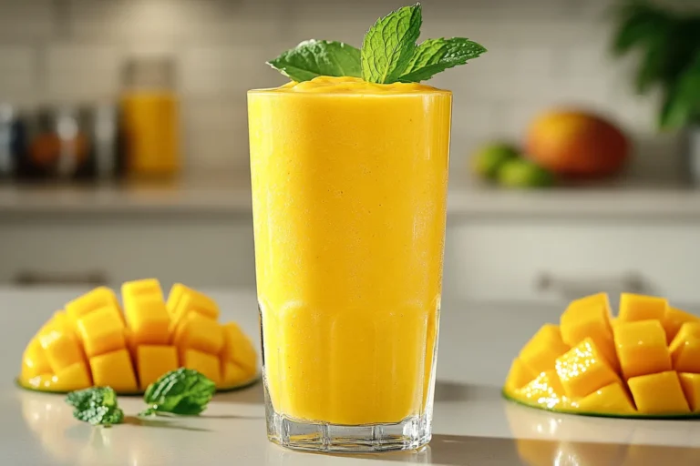 Mango smoothie recipe in a clear glass with mint garnish