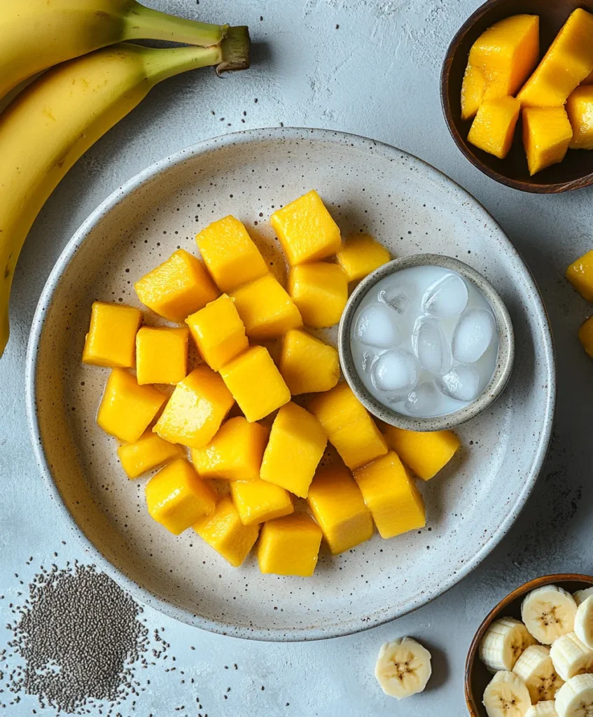 Mango smoothie recipe 2 Mango smoothie recipe ingredients on a cutting board