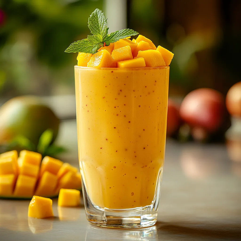 Mango smoothie recipe 5 Mango smoothie recipe in a tall glass with mint garnish