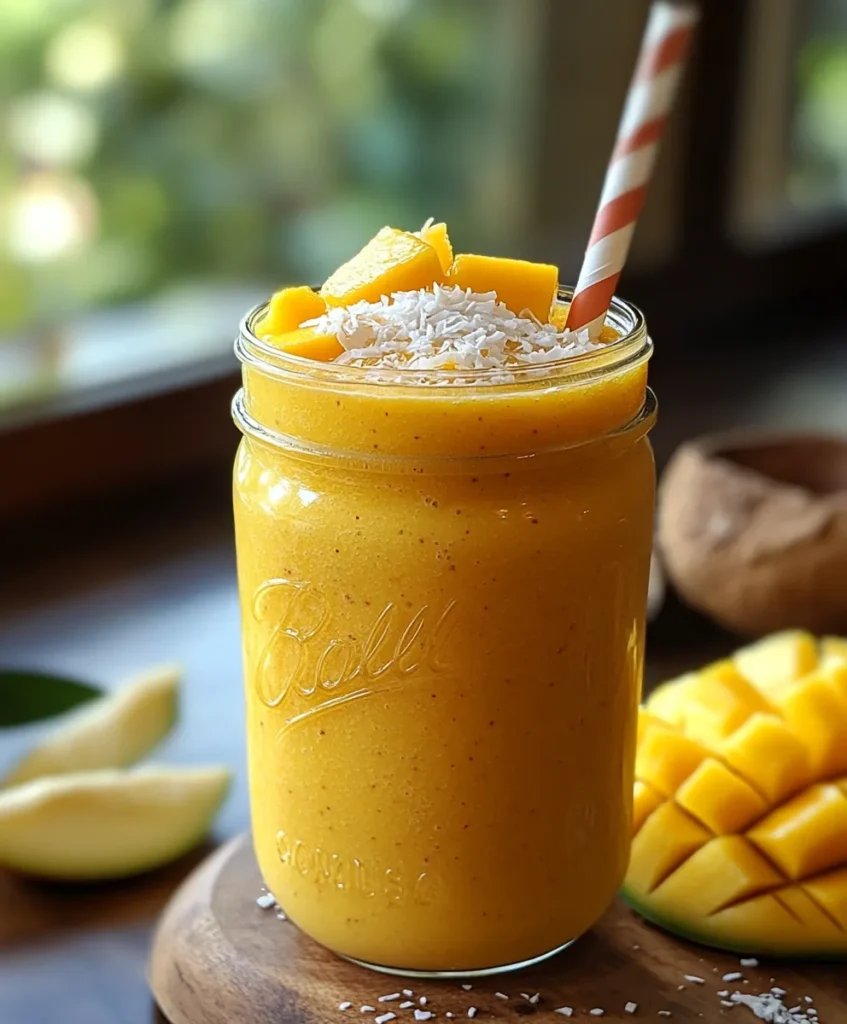Mango smoothie recipe 4 Mango smoothie in mason jar with coconut topping