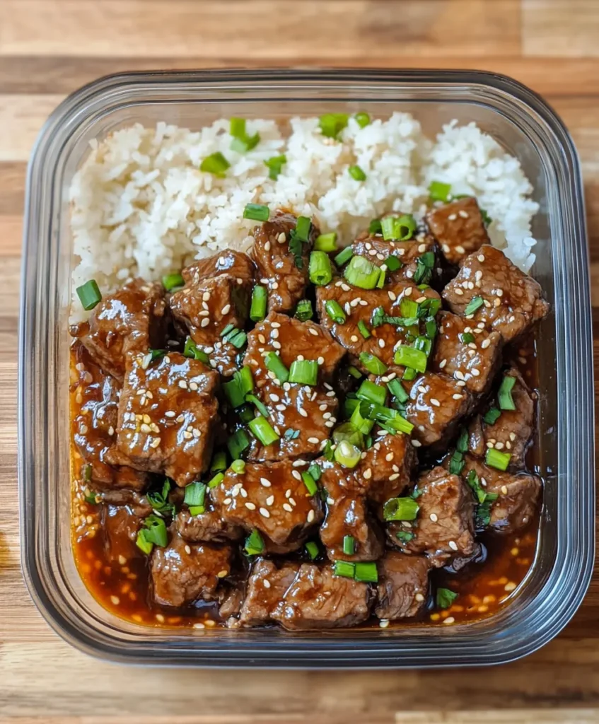 Mongolian Beef Recipe 8 Stored Mongolian beef in meal prep container