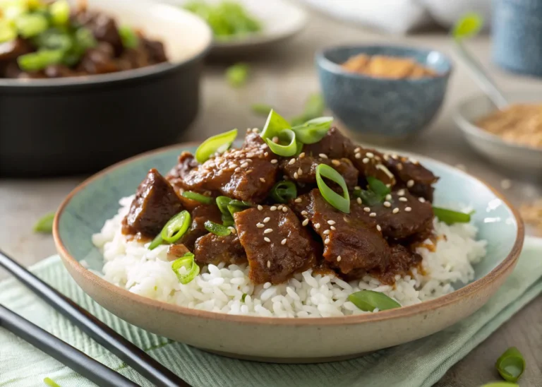 Mongolian beef recipe served over white rice