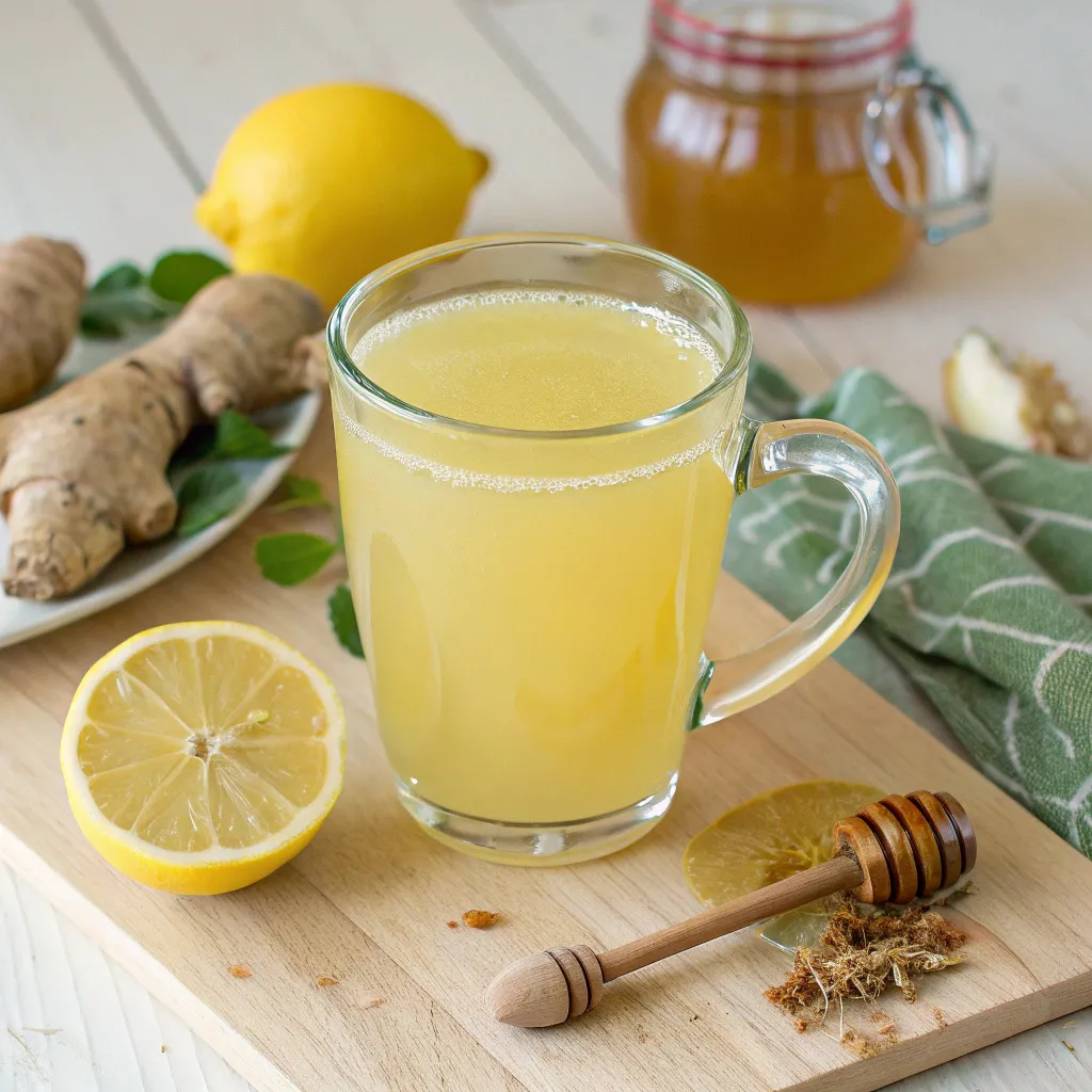Close-up of natural Mounjaro detox drink made with lemon, ginger, honey, and warm water in a clear glass mug
