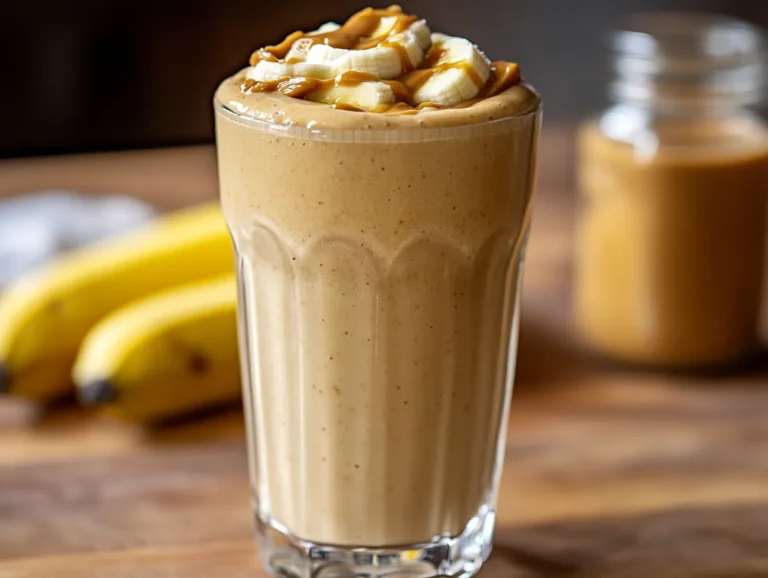 peanut butter banana smoothie in glass with natural ingredients