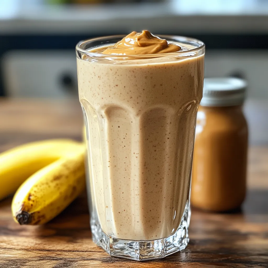 Peanut butter banana smoothie 11 Creamy peanut butter banana smoothie in a tall glass on a wooden counter