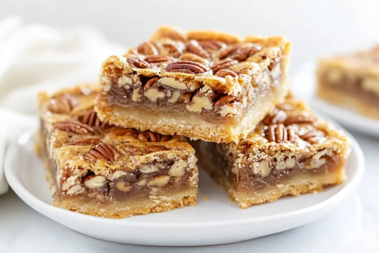 Stacked pecan pie bars on white plate