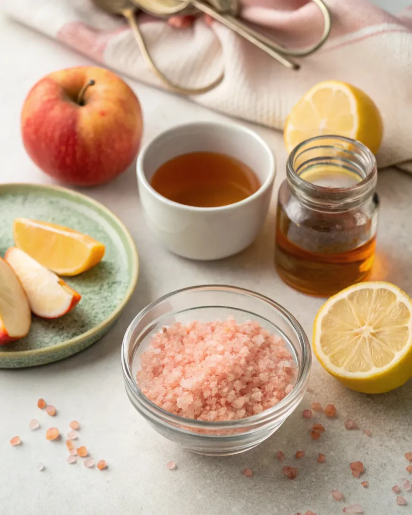 Pink Salt Recipe for Weight Loss 2 Flat lay of pink salt recipe ingredients