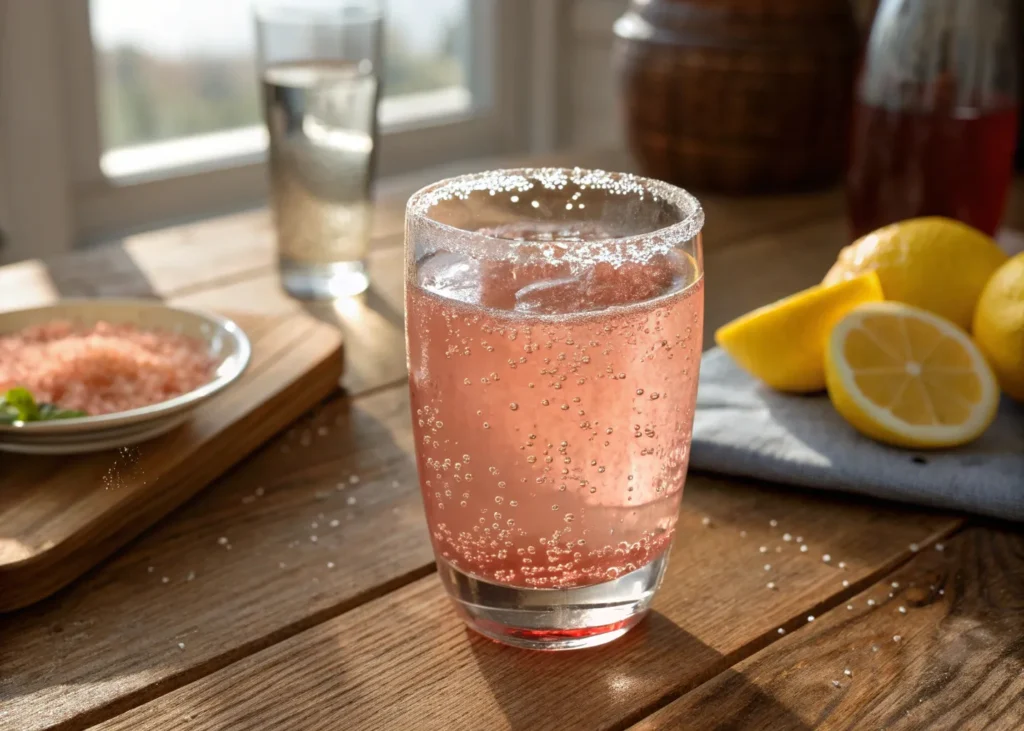 Pink Salt Trick Recipe in a glass with lemon