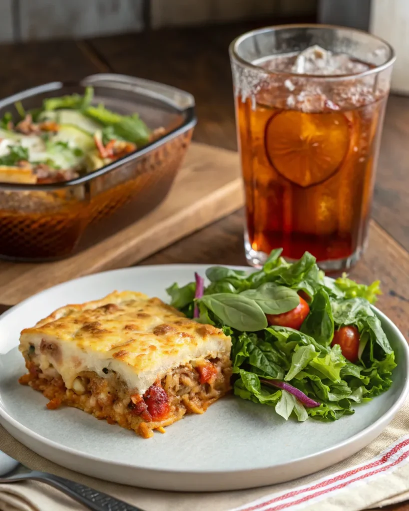 chicken pot pie casserole with salad and drink