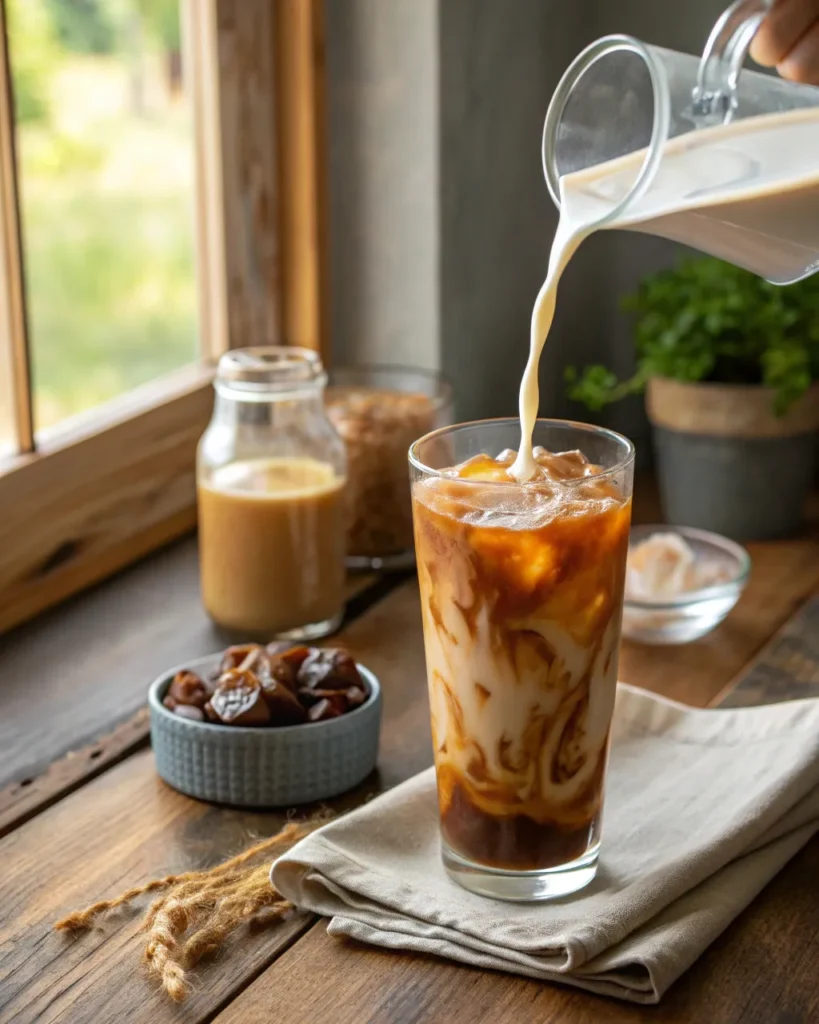 Thai Iced Tea 3 Pouring condensed milk into homemade Thai iced tea