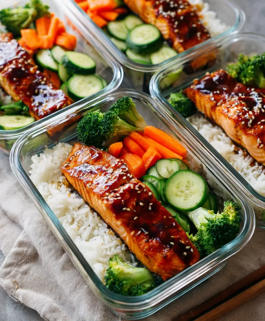 Teriyaki Salmon Bowl 4 Glass meal prep containers filled with teriyaki salmon, rice, and vegetables