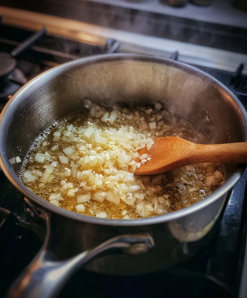 Chicken and Cabbage Soup 3 onions and garlic sautéing in olive oil in a pot for chicken and cabbage soup