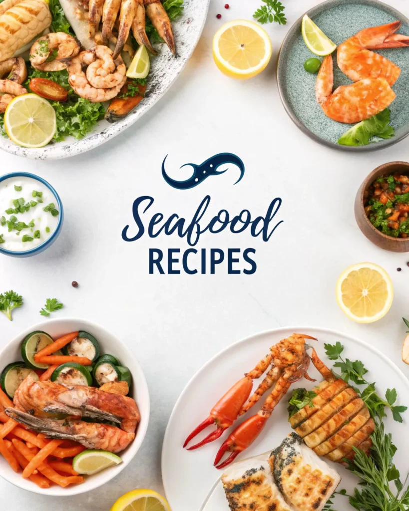 Seafood like shrimp and crab framing recipe category title