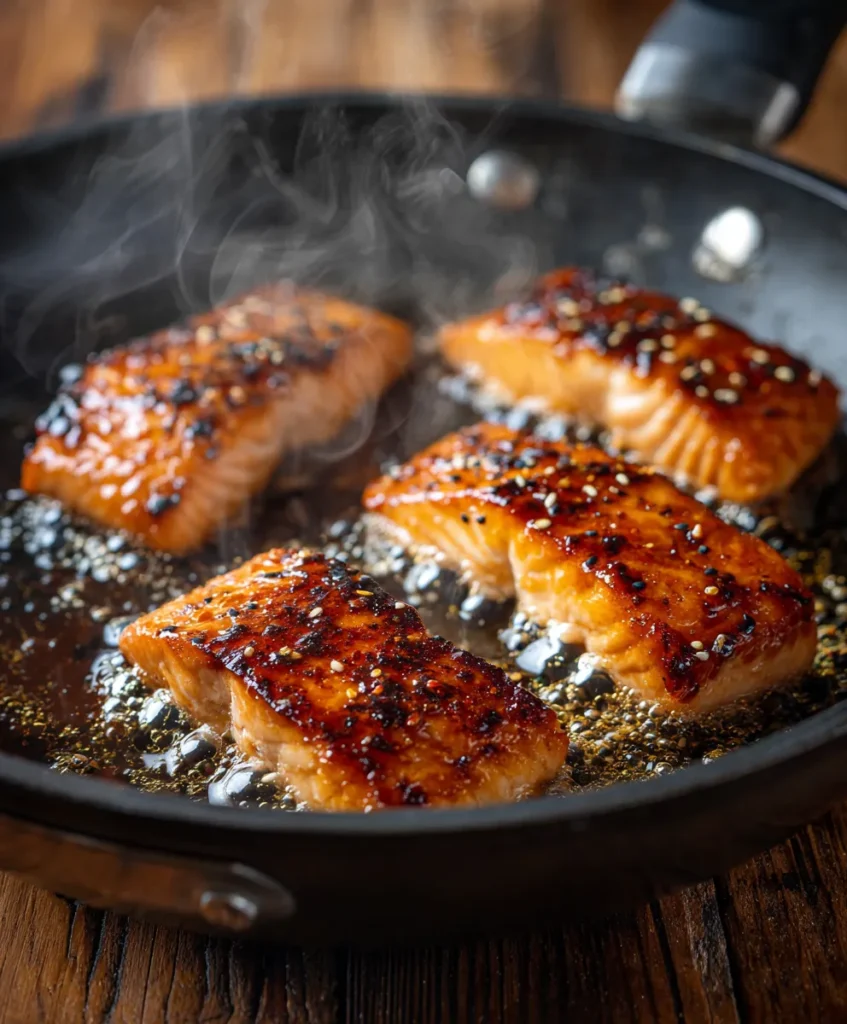 Teriyaki Salmon Bowl 3 Salmon fillets searing in a skillet with teriyaki glaze bubbling around them
