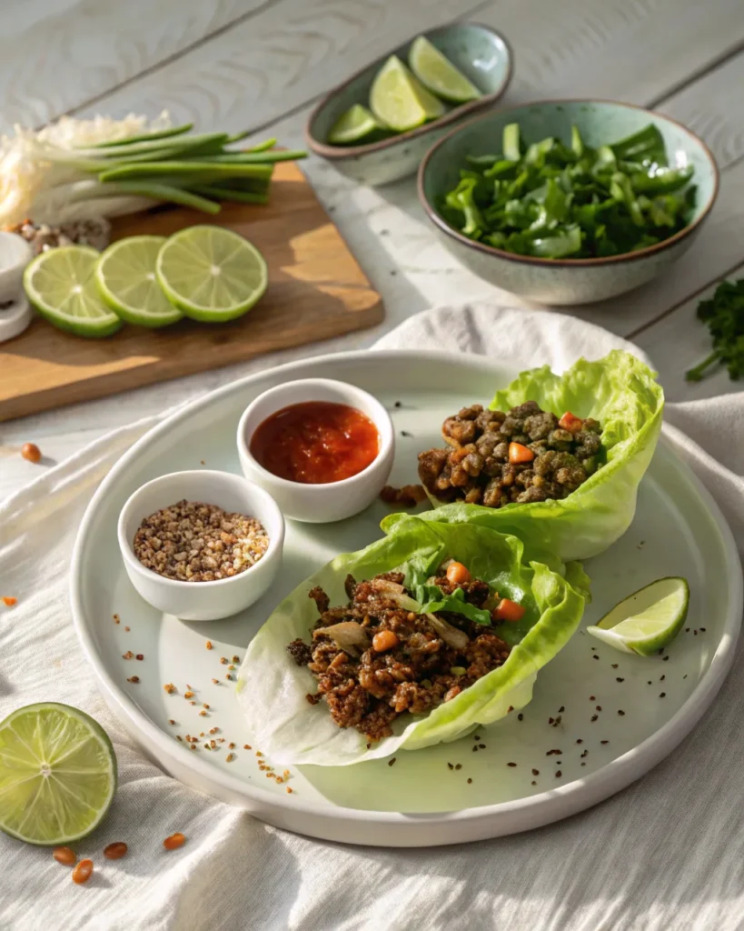 Platter of Ground Beef Lettuce Wraps with assorted toppings