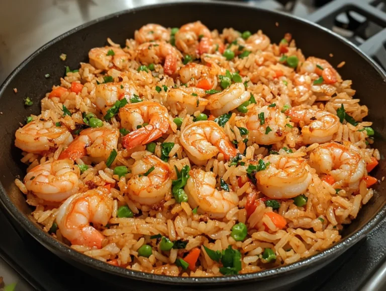 Shrimp fried rice recipe in skillet