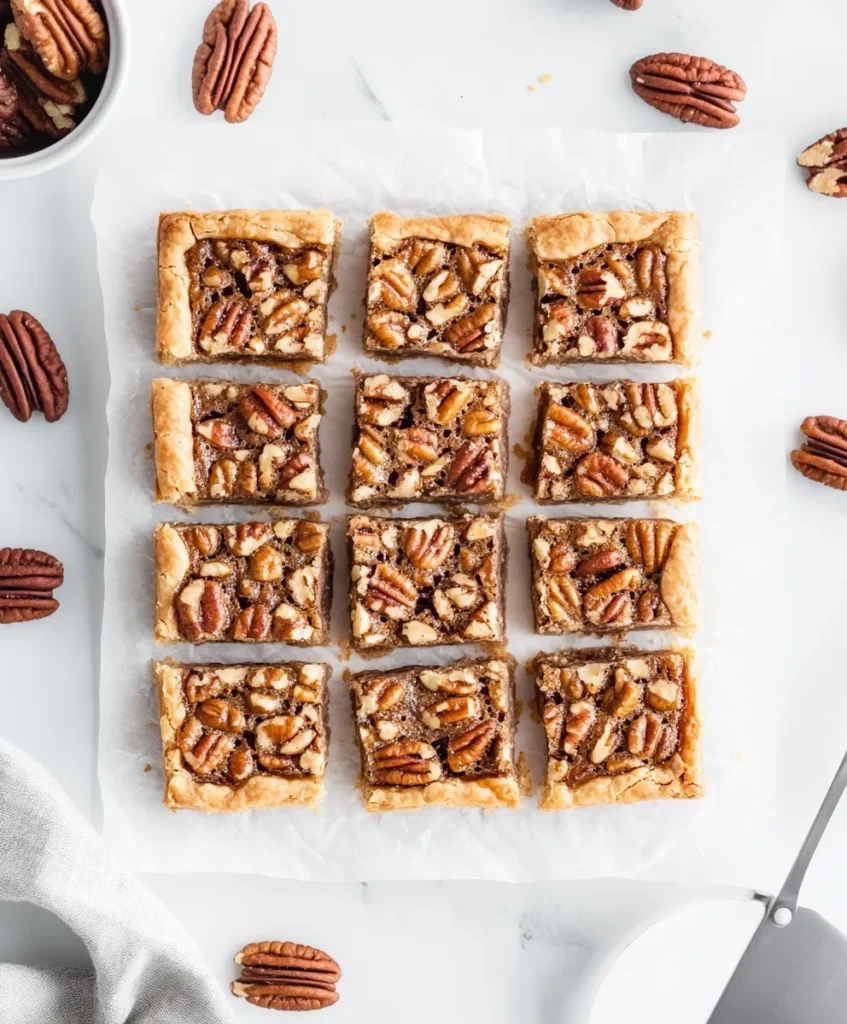 Pecan pie bars 7 Pecan pie bars sliced and arranged on white parchment