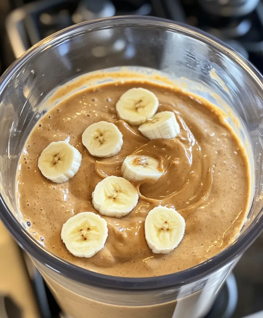 Peanut butter banana smoothie 8 peanut butter banana smoothie blending in a blender pitcher