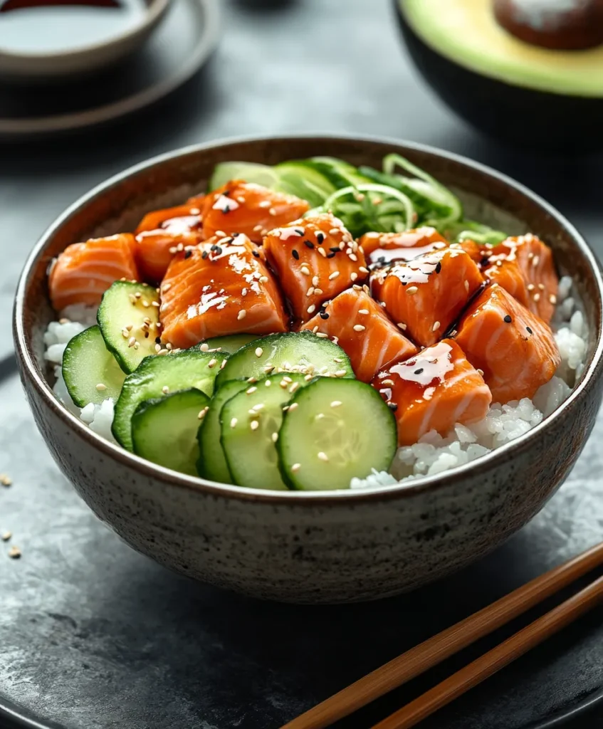Teriyaki Salmon Bowl 5 Sushi-style teriyaki salmon bowl with avocado, cucumber, and nori over sushi rice
