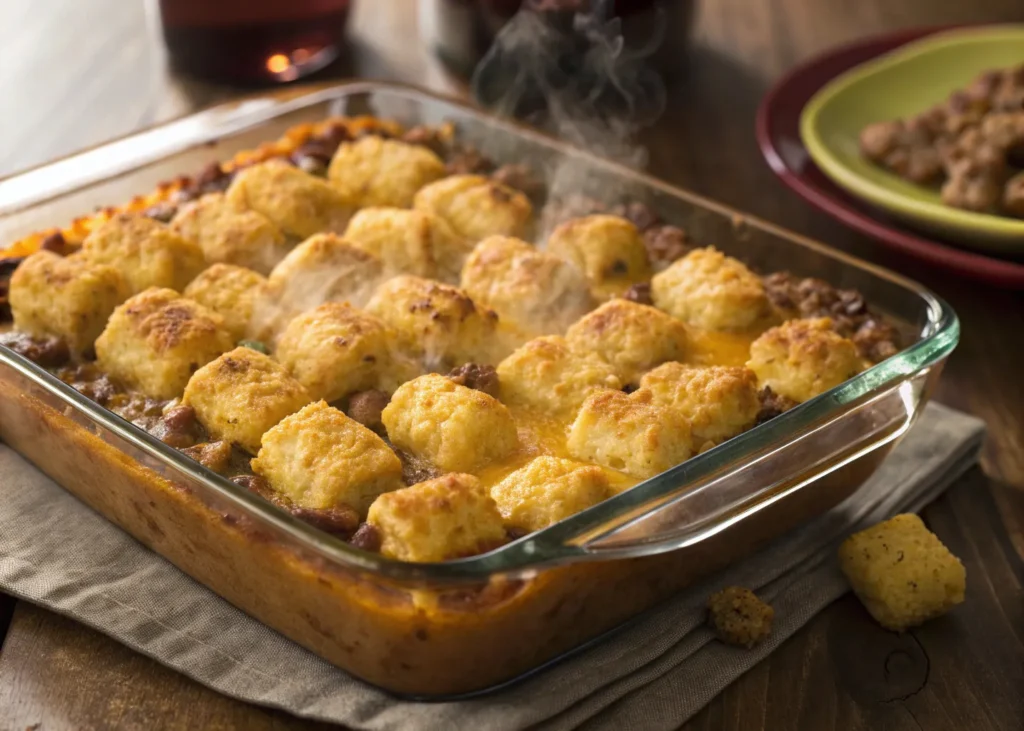 tater tot casserole with ground beef in glass baking dish