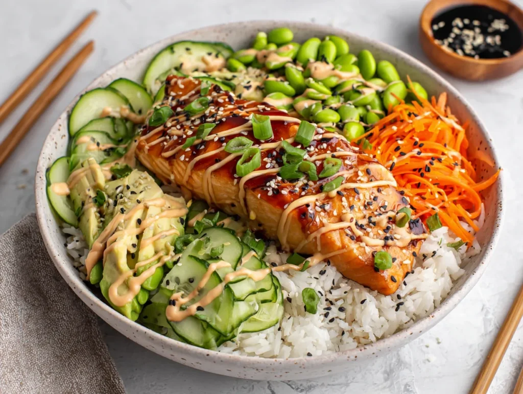 A vibrant teriyaki salmon bowl with rice, avocado, carrots, edamame, and sesame seeds