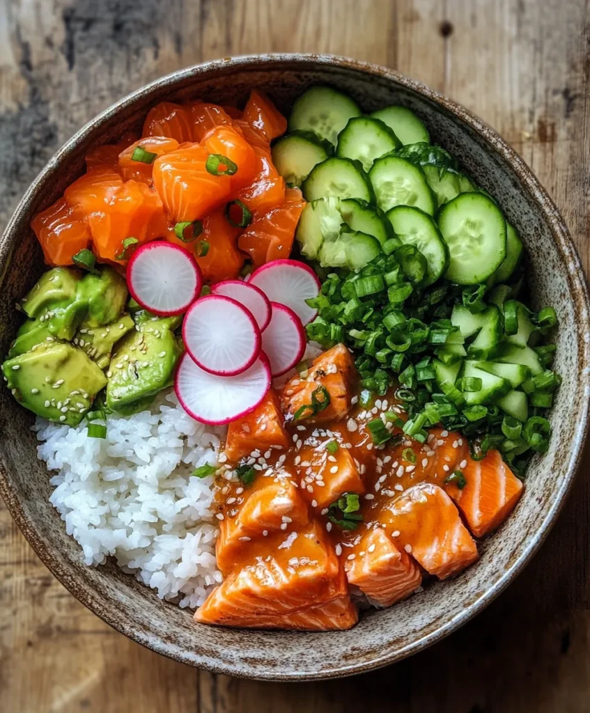 Teriyaki Salmon Bowl 4 homemade teriyaki salmon bowl being assembled with rice, salmon, and fresh toppings