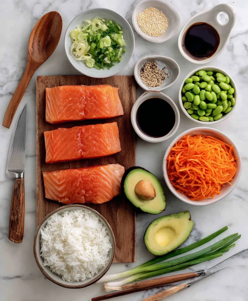Teriyaki Salmon Bowl 2 Flat lay of teriyaki salmon bowl ingredients on a white background