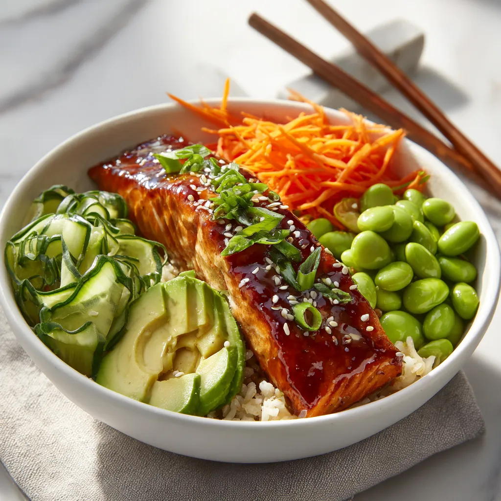 Teriyaki Salmon Bowl 5 A vibrant teriyaki salmon bowl with glazed salmon, rice, and fresh vegetables