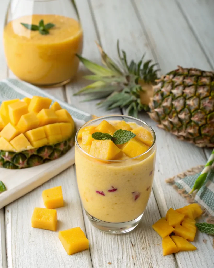 Tropical Greek yogurt smoothie with mango and pineapple