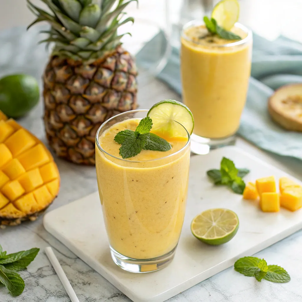Tropical Greek yogurt smoothie with mango, pineapple, and lime