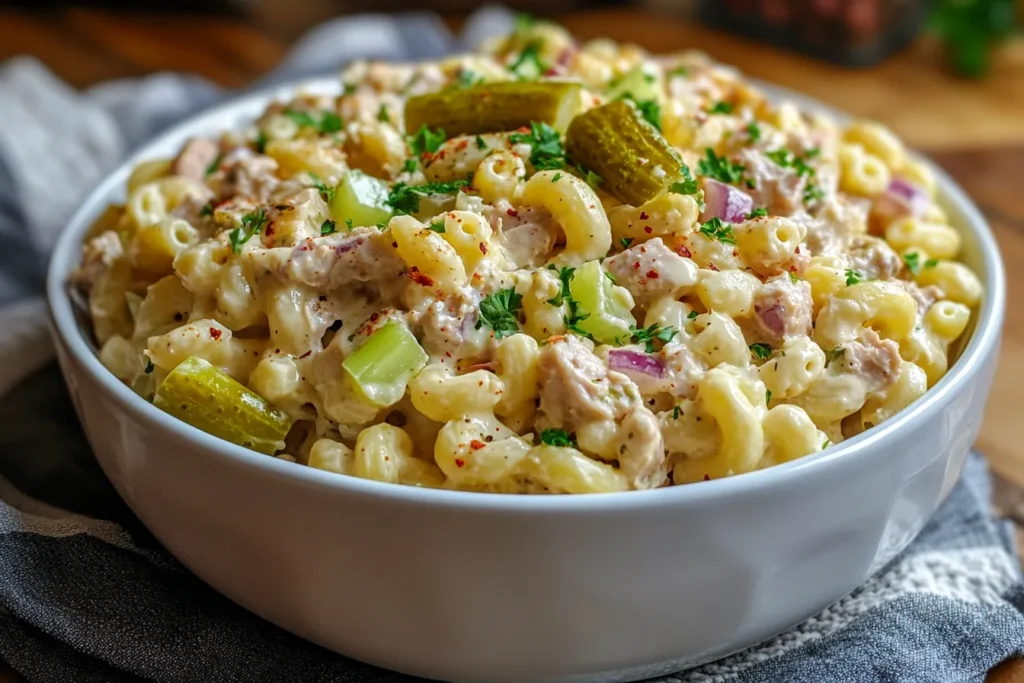 Creamy tuna macaroni salad in a white bowl with pickles and celery