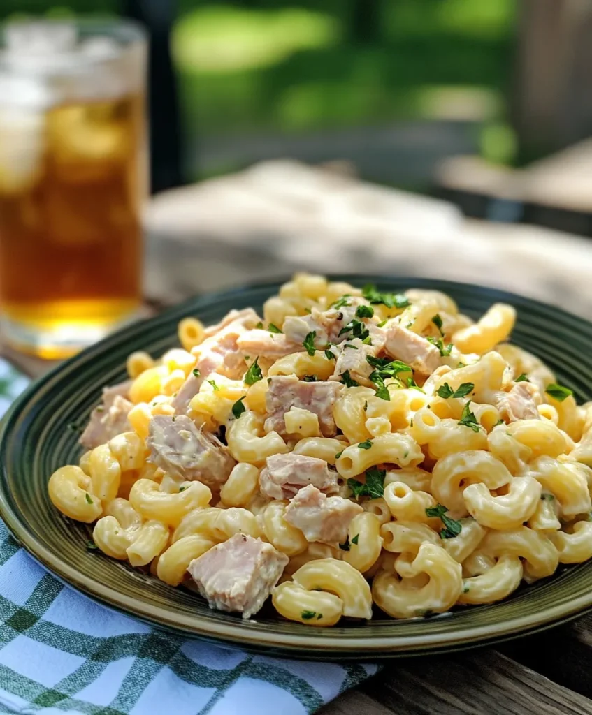 Tuna macaroni salad 4 Tuna macaroni salad served outdoors at a picnic